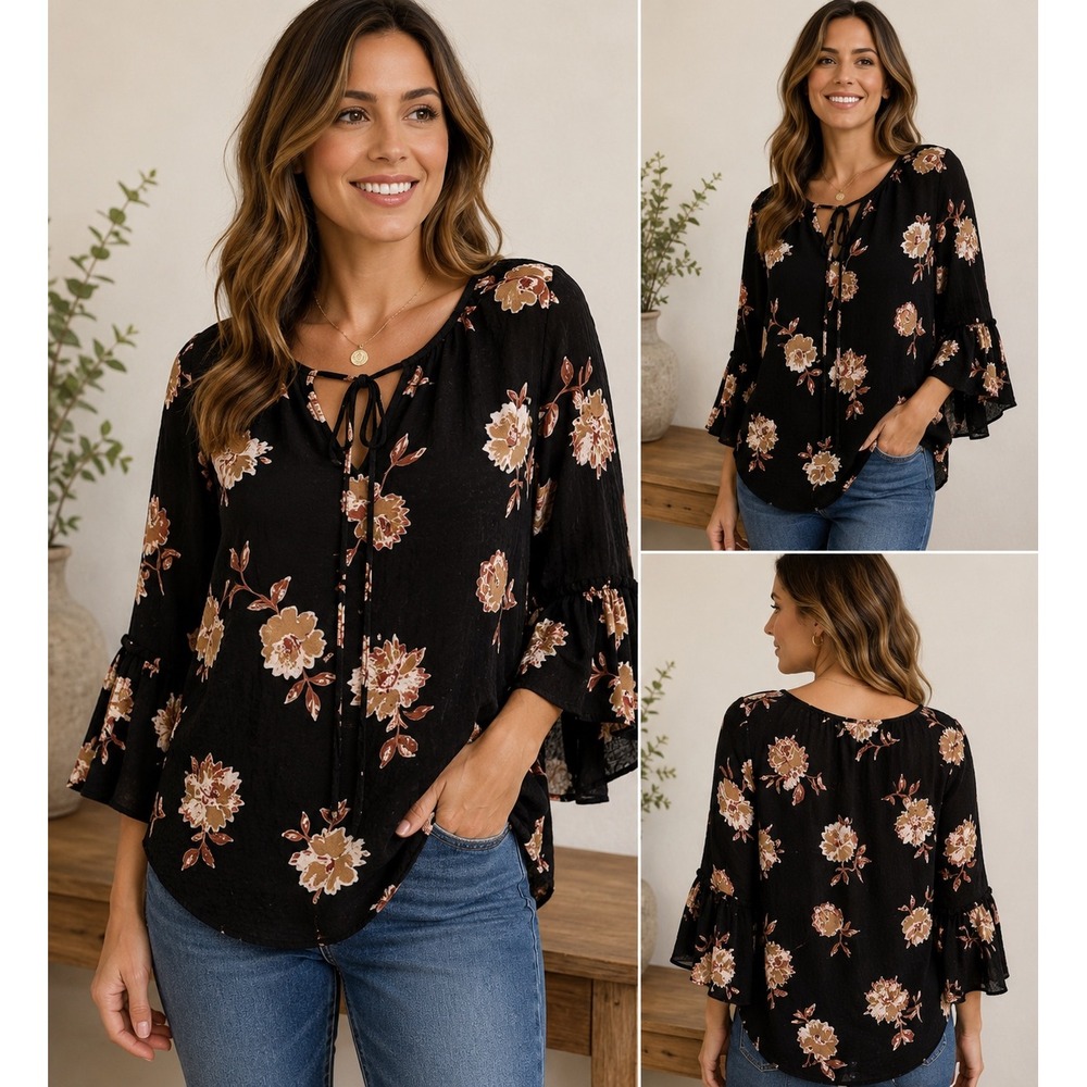 Everly Floral Bell Sleeve Blouse Black Boho Tie Neck light flowy Top Medium